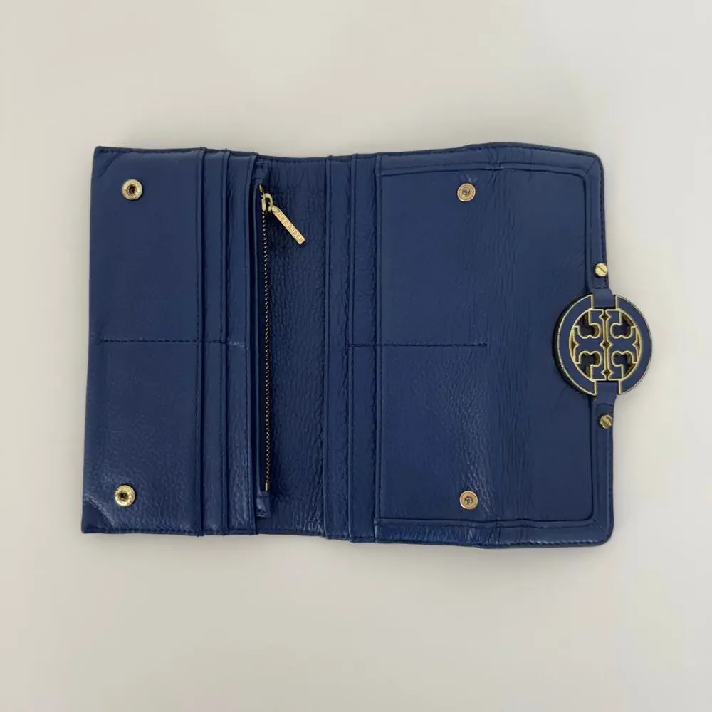 Tory Burch Amanda Envelope Continental Wallet Blue Pebble Leather Gold-Tone Logo